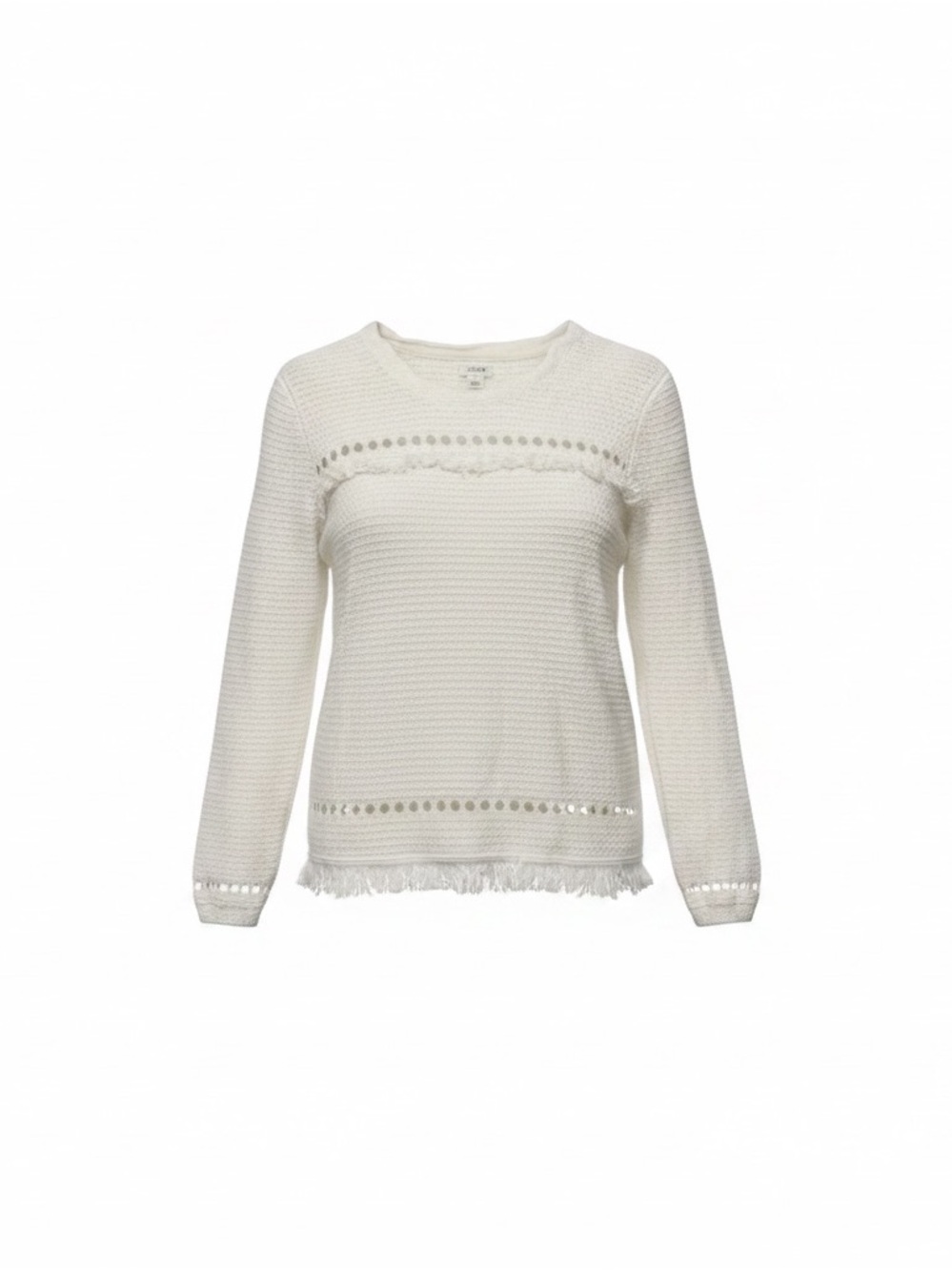 J.Crew Pointelle Ivory 100% Cotton Crewneck Sweater w/Fringe Size Large
